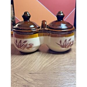 Vintage Wheat Pattern Brown & Cream Stoneware Double Condiment Dish Kitchenware